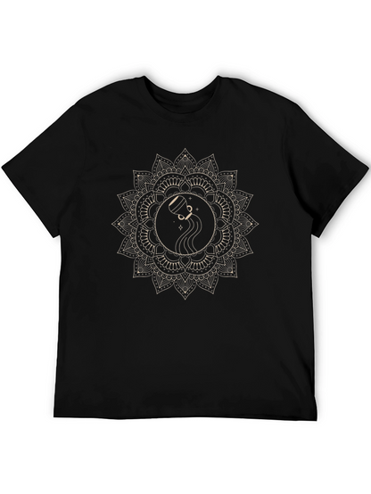 Aquarius Zodiac Mandala Graphic Tee - Black Cotton
