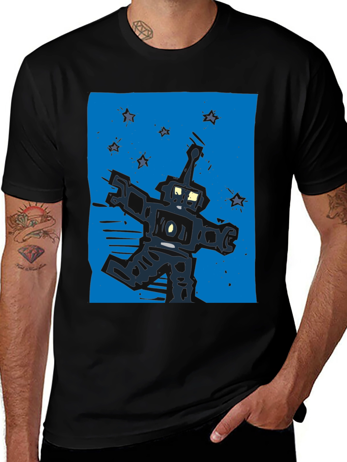 Retro Robot Graphic Tee - Black Cotton T-Shirt