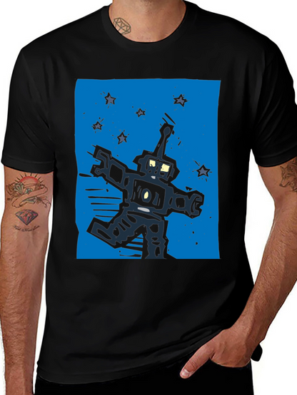 Retro Robot Graphic Tee - Black Cotton T-Shirt