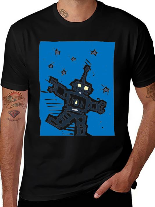 Retro Robot Graphic Tee - Black Cotton T-Shirt