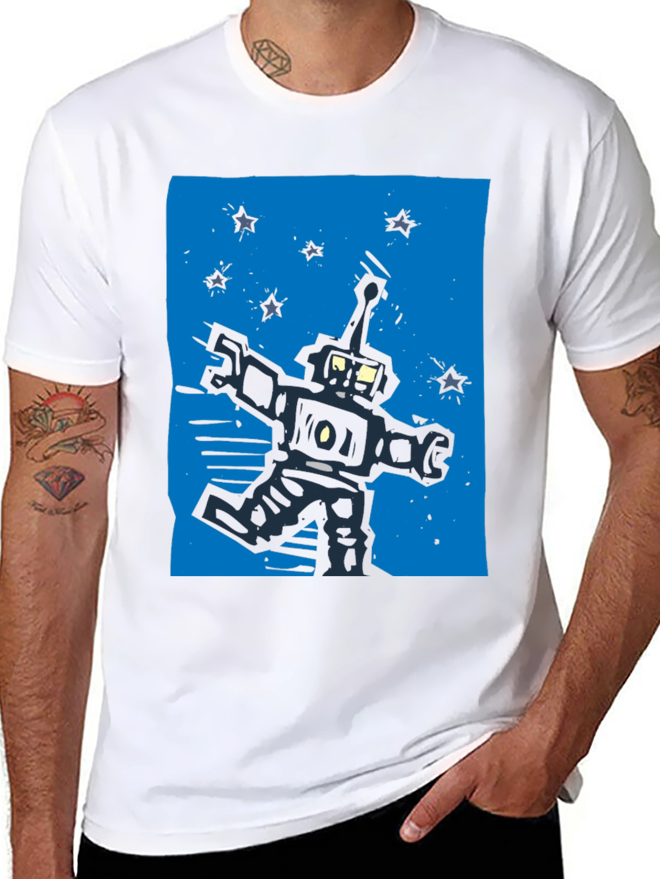 Retro Robot Graphic Tee - Black Cotton T-Shirt