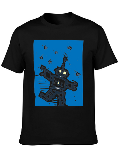 Retro Robot Graphic Tee - Black Cotton T-Shirt