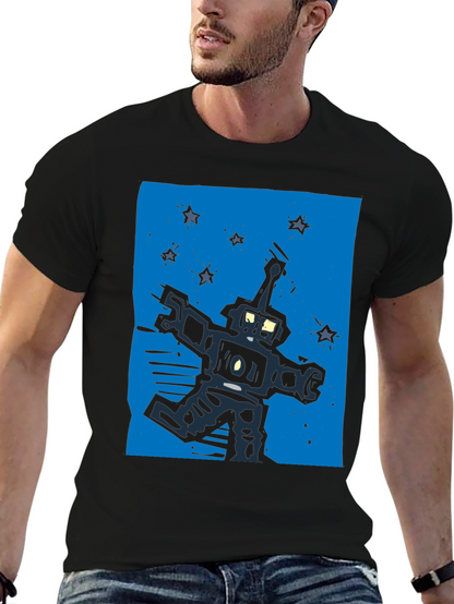 Retro Robot Graphic Tee - Black Cotton T-Shirt