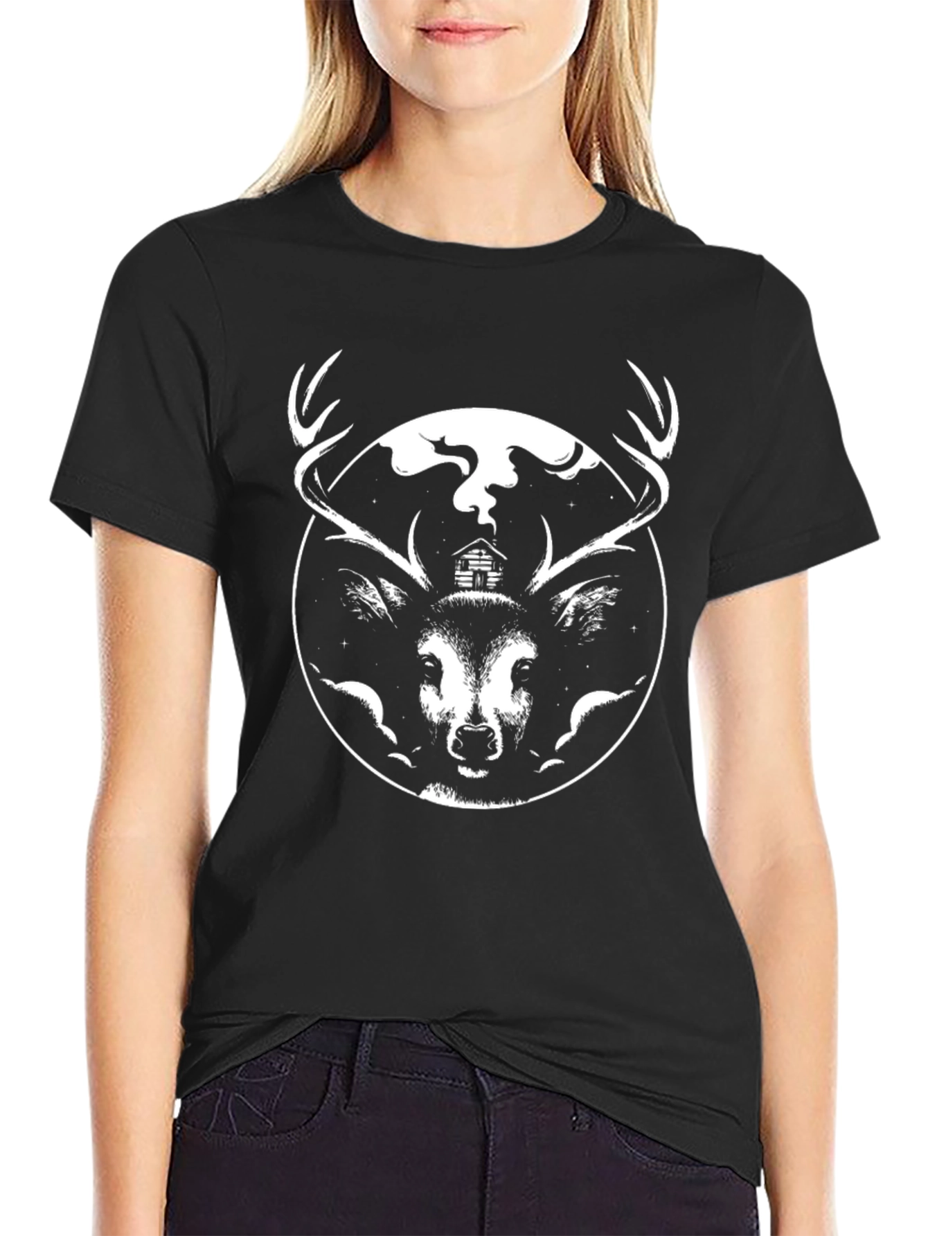Deer Cabin Graphic Tee - Black