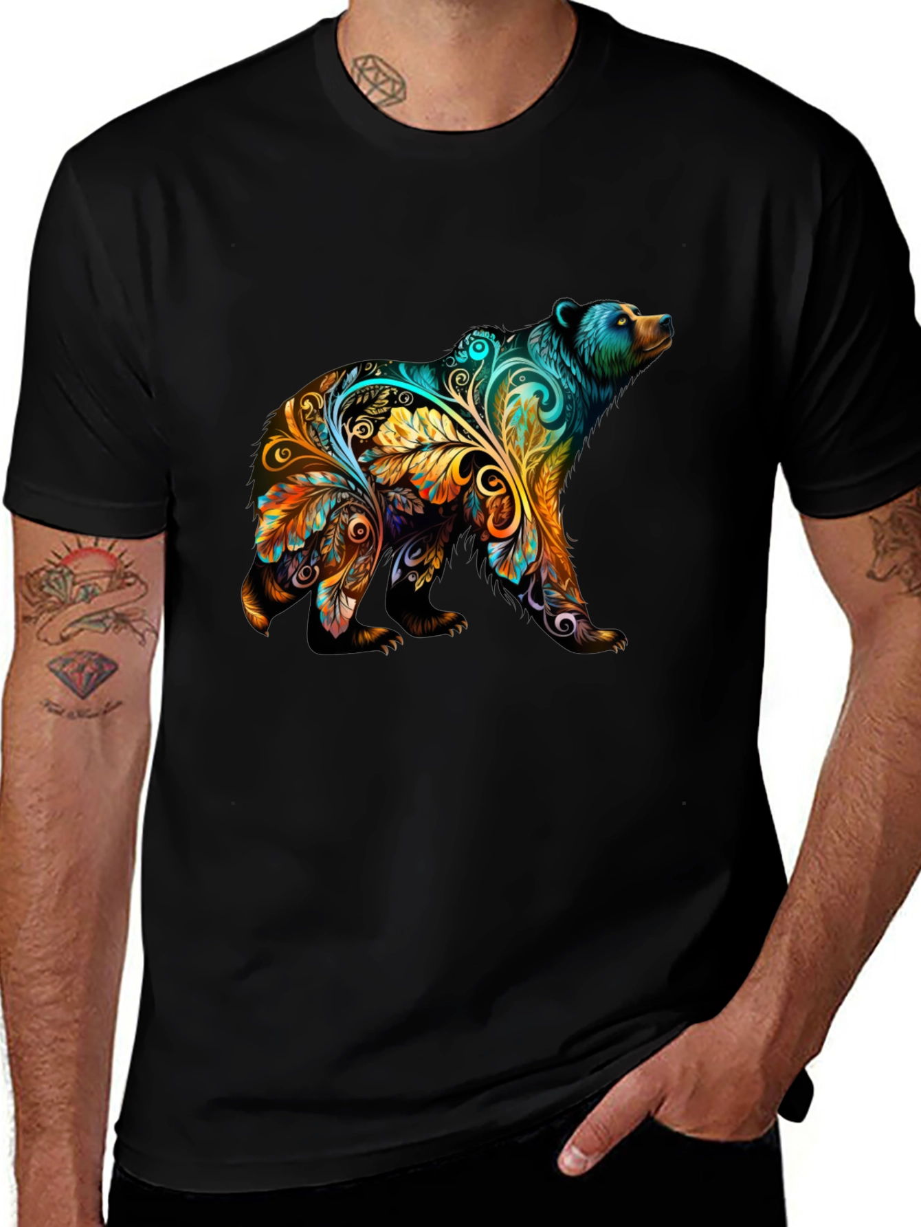 Artistic Bear Graphic Print Black T-Shirt
