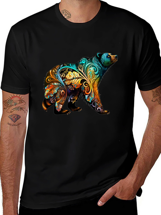 Artistic Bear Graphic Print Black T-Shirt