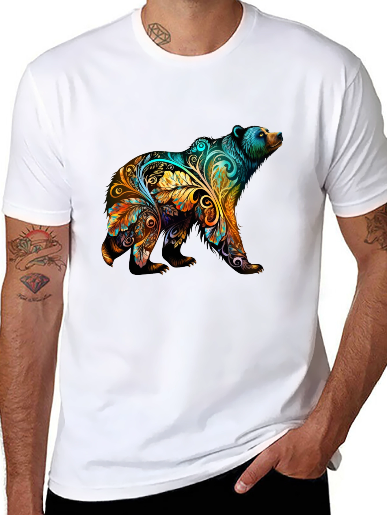 Artistic Bear Graphic Print Black T-Shirt