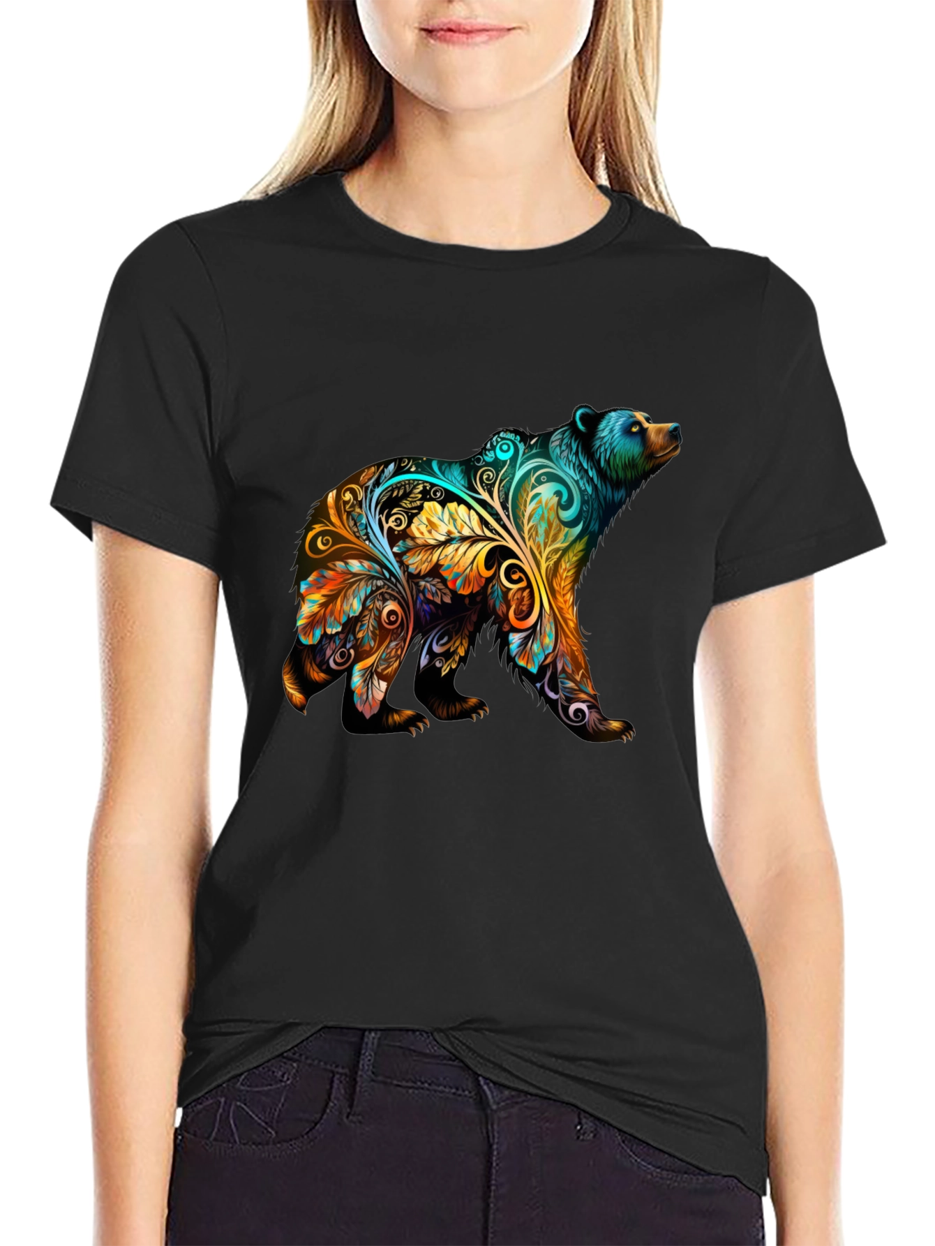 Artistic Bear Graphic Print Black T-Shirt