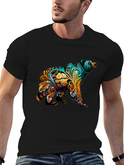 Artistic Bear Graphic Print Black T-Shirt