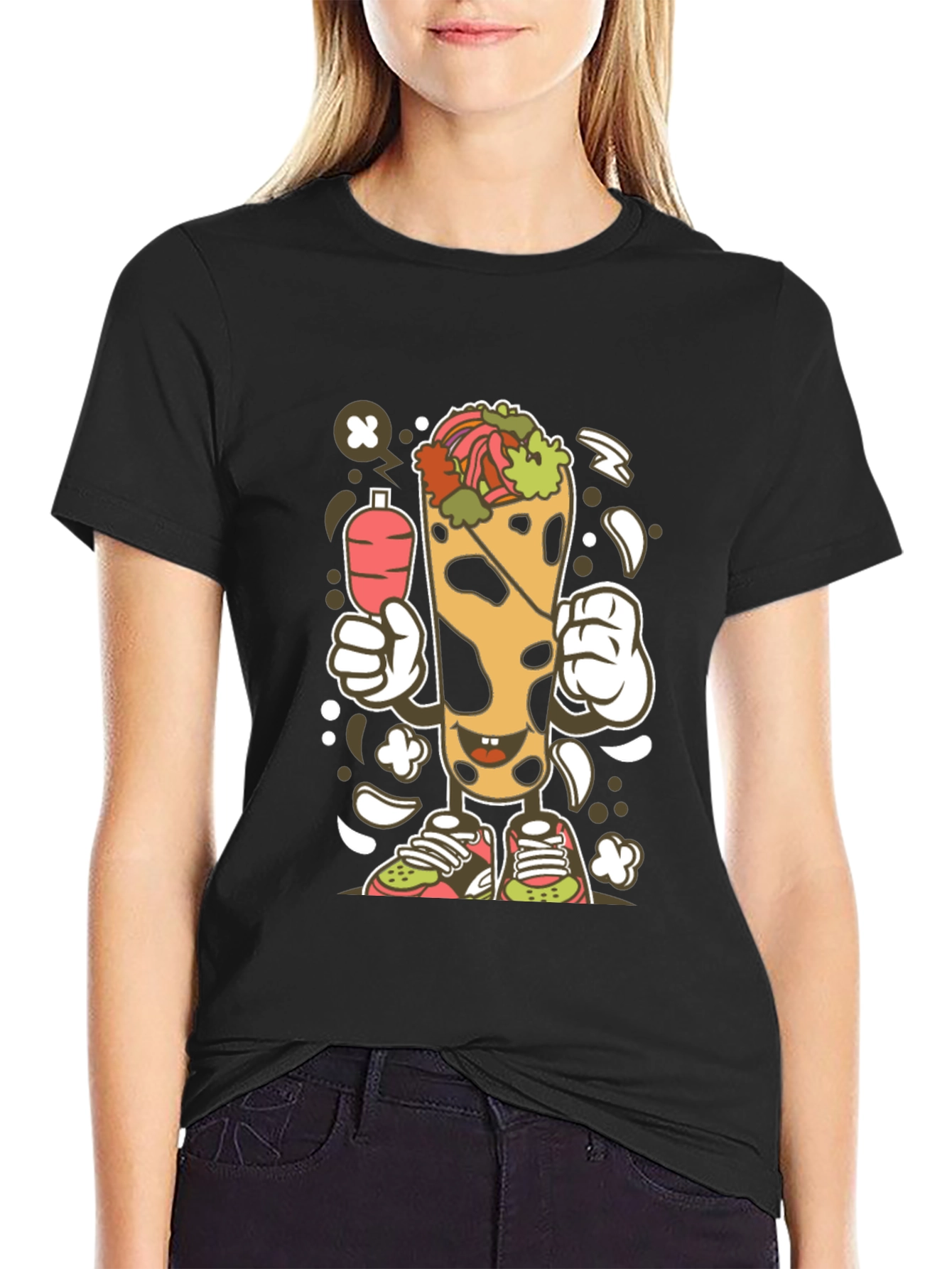 Funny Shawarma Cartoon Black T-Shirt