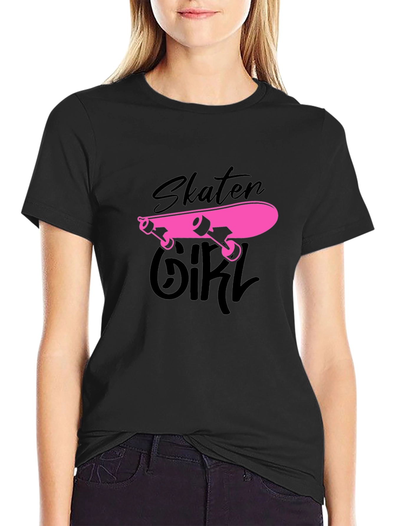 Skater Girl Graphic Tee - Black Cotton T-Shirt