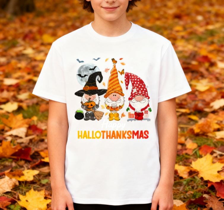 Happy HalloThanksMas Gnome T-Shirt - 100% Cotton, Festive Tee for Halloween, Thanksgiving & Christmas Celebrations