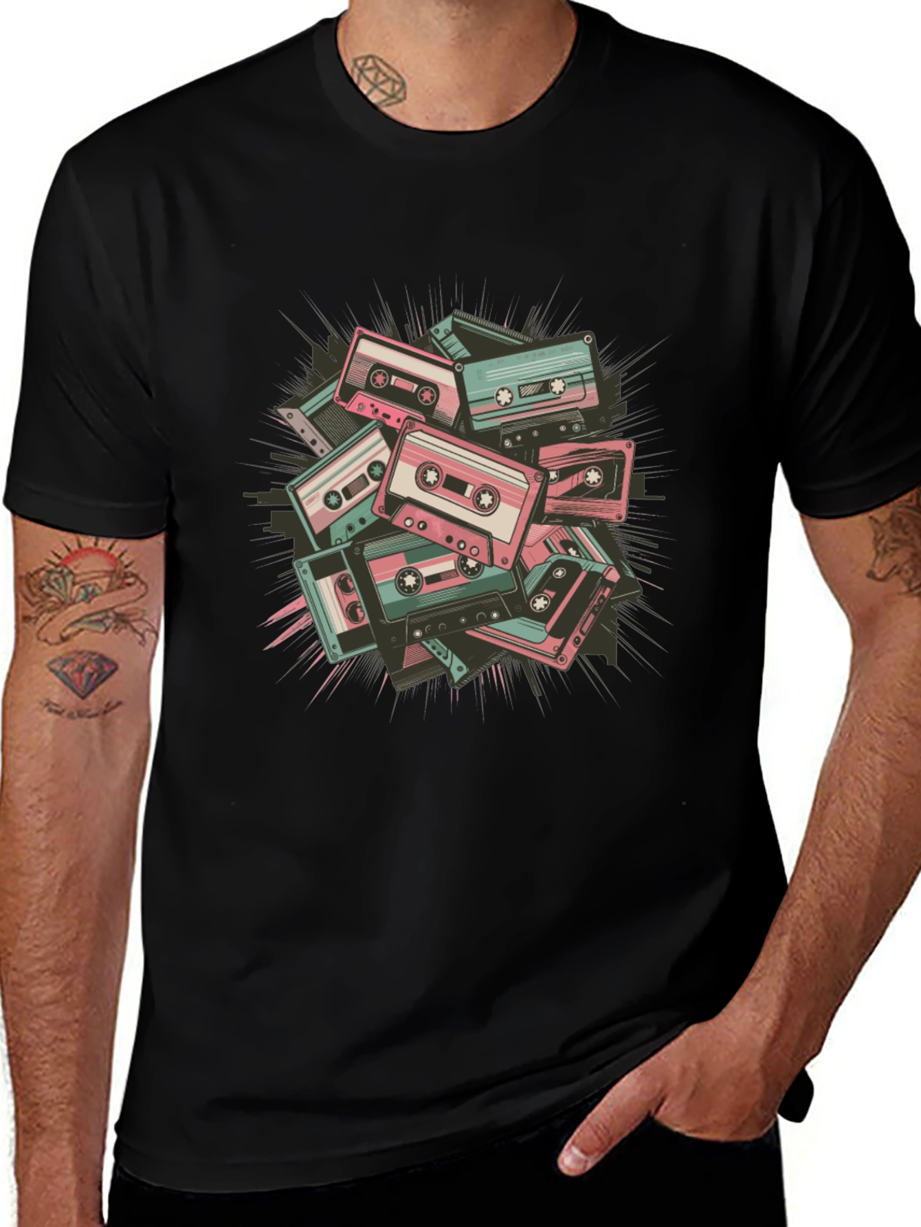 Retro Cassette Tape Graphic Tee - Black Cotton Blend