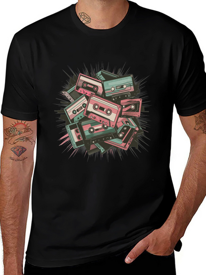 Retro Cassette Tape Graphic Tee - Black Cotton Blend