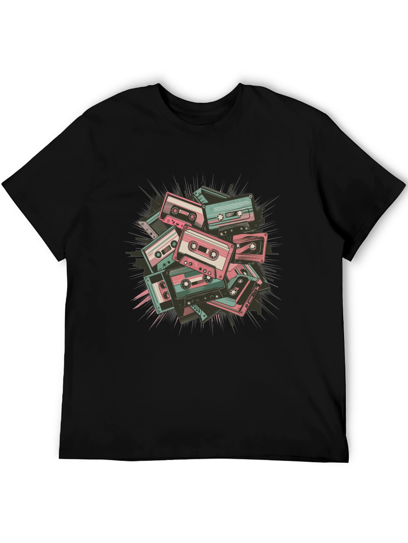 Retro Cassette Tape Graphic Tee - Black Cotton Blend