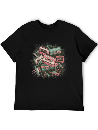 Retro Cassette Tape Graphic Tee - Black Cotton Blend