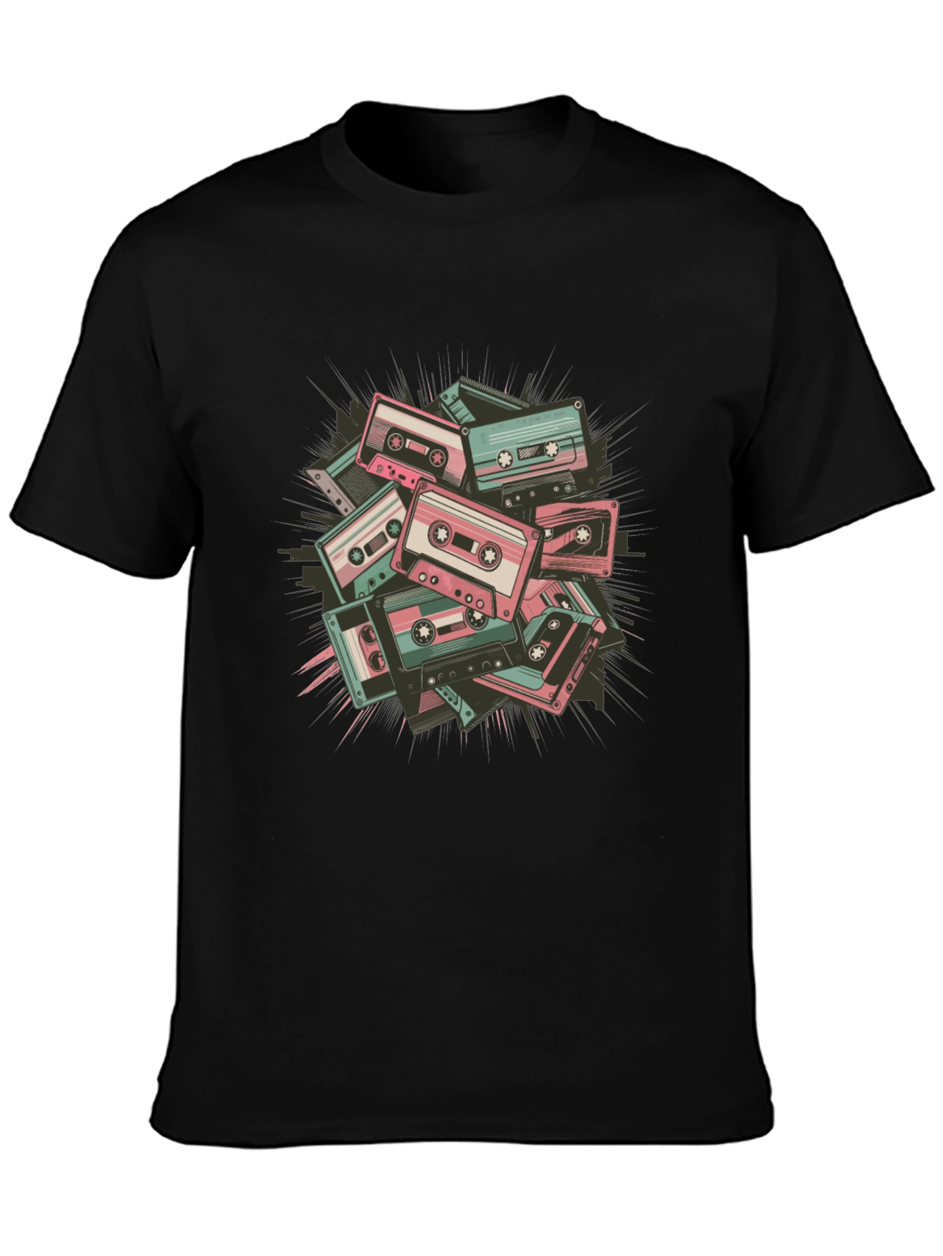 Retro Cassette Tape Graphic Tee - Black Cotton Blend