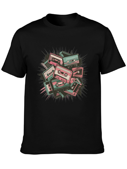 Retro Cassette Tape Graphic Tee - Black Cotton Blend