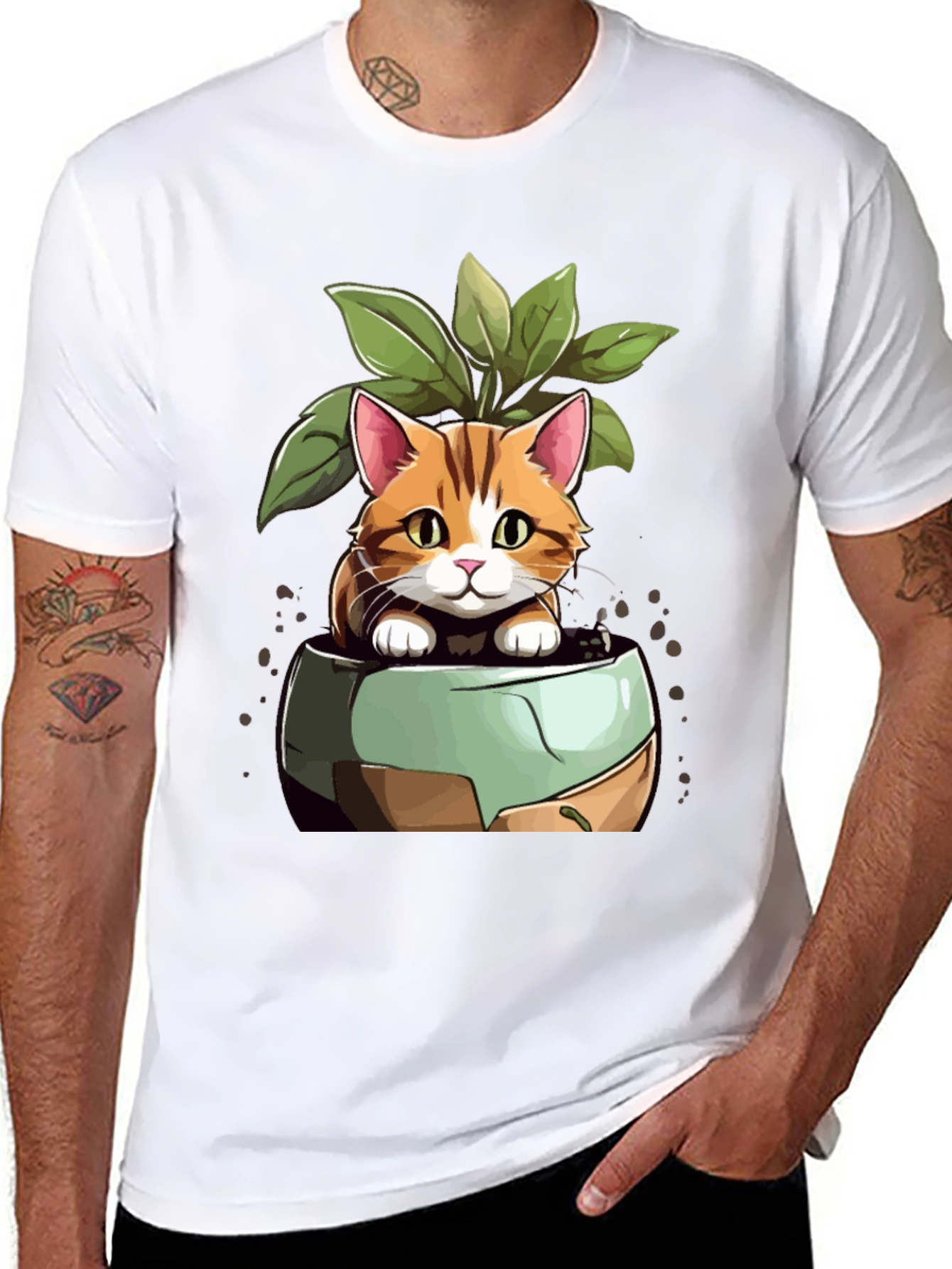Cat in Pot Plant T-Shirt - Unique Design