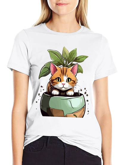 Cat in Pot Plant T-Shirt - Unique Design