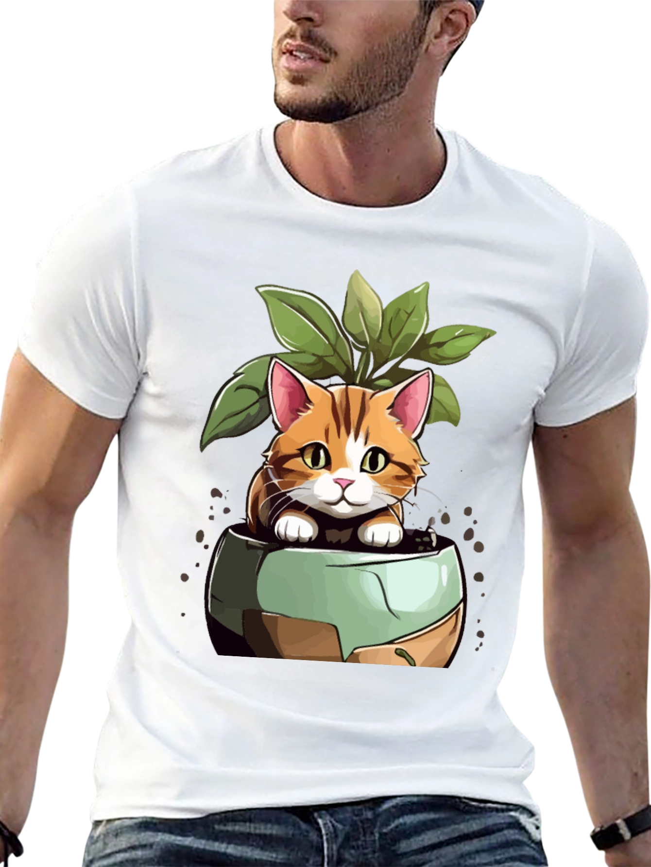 Cat in Pot Plant T-Shirt - Unique Design