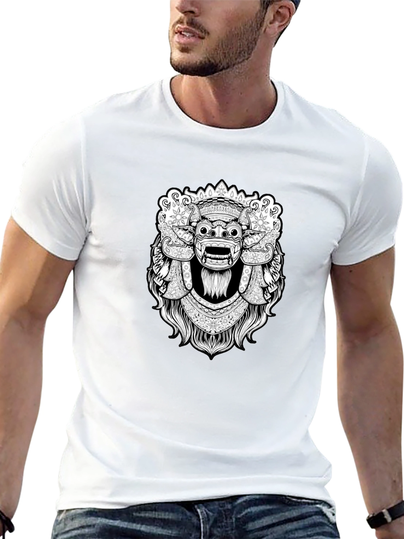 Black Graphic Tee - Balinese Barong Mask Design