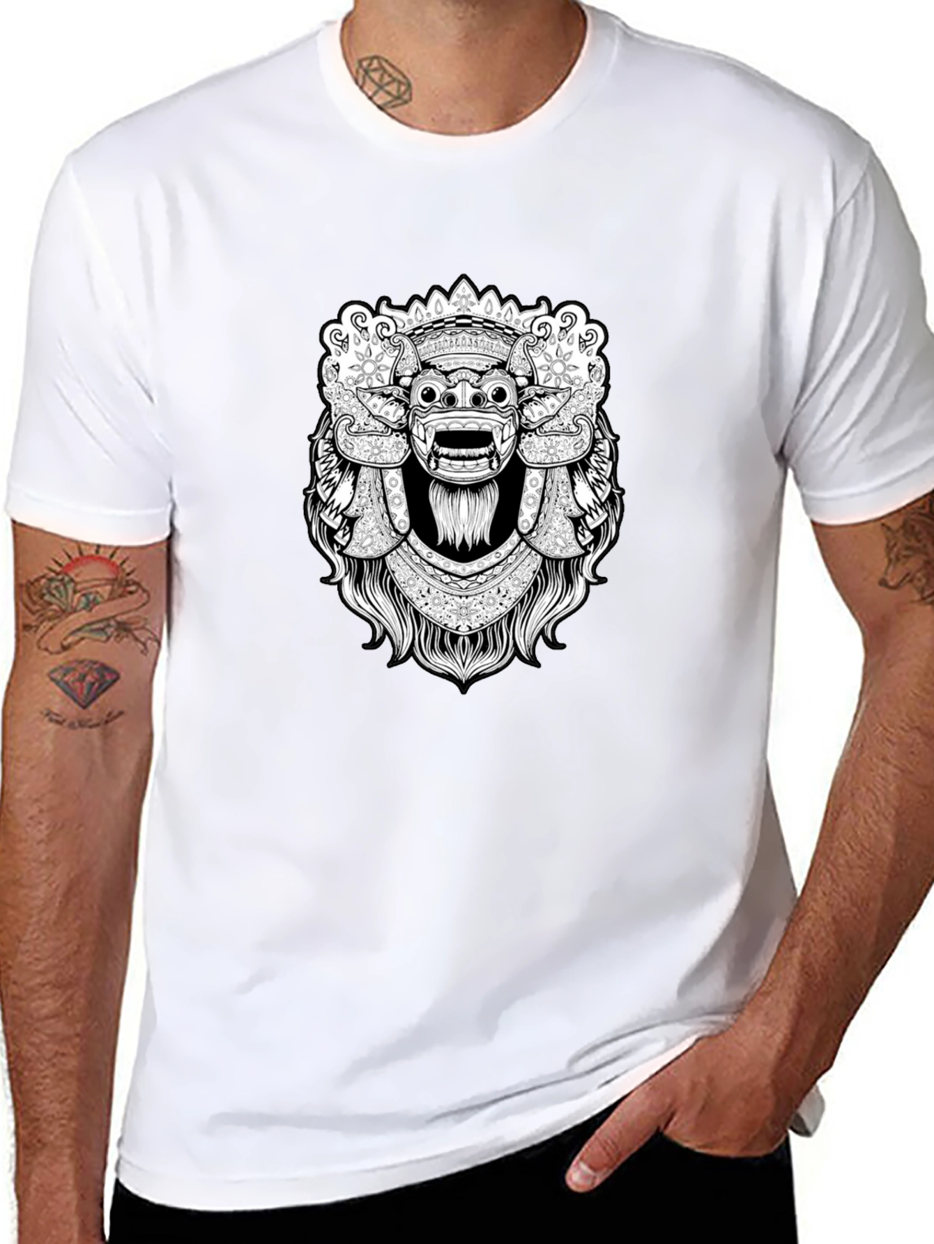 Black Graphic Tee - Balinese Barong Mask Design