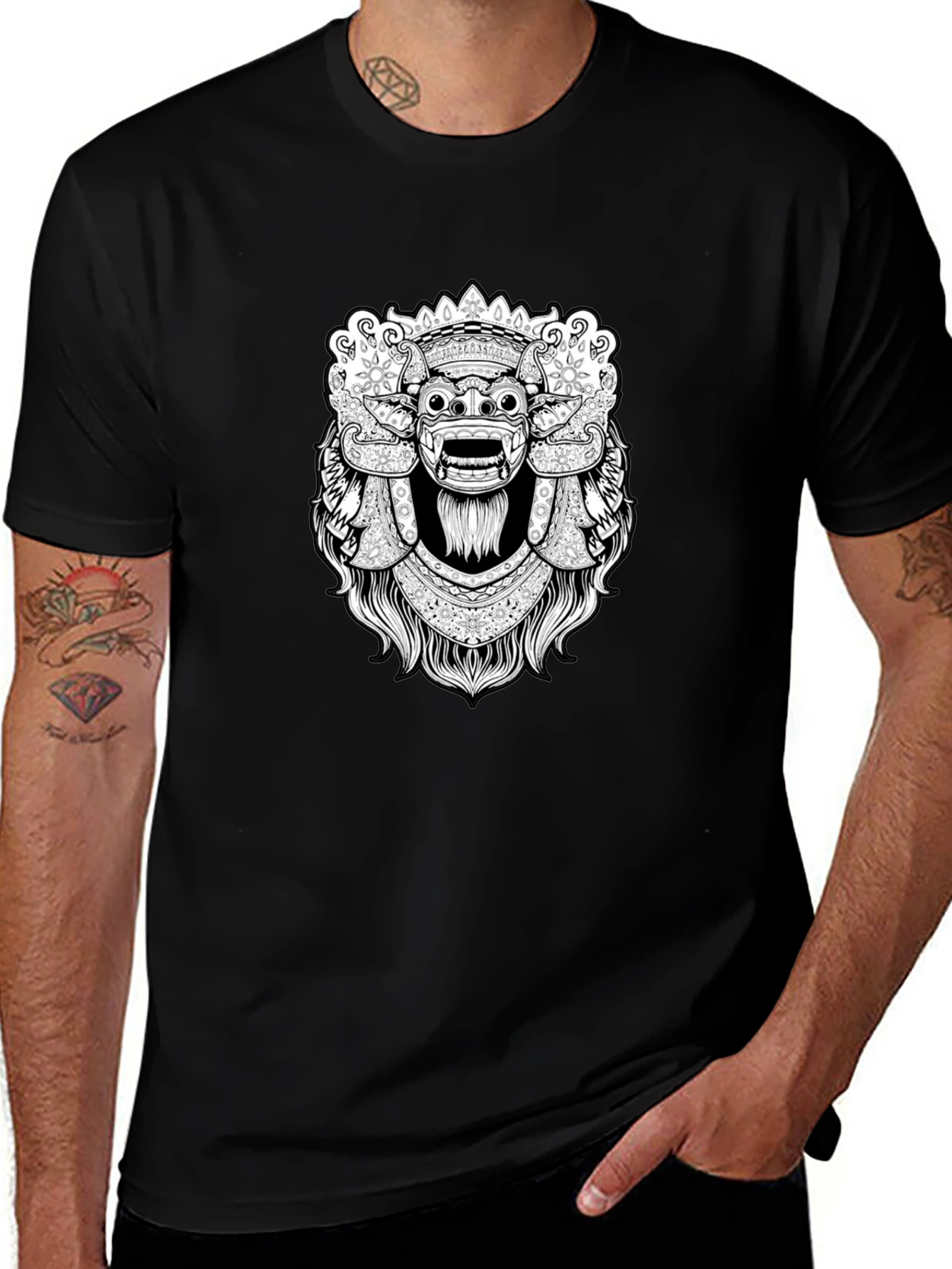 Black Graphic Tee - Balinese Barong Mask Design
