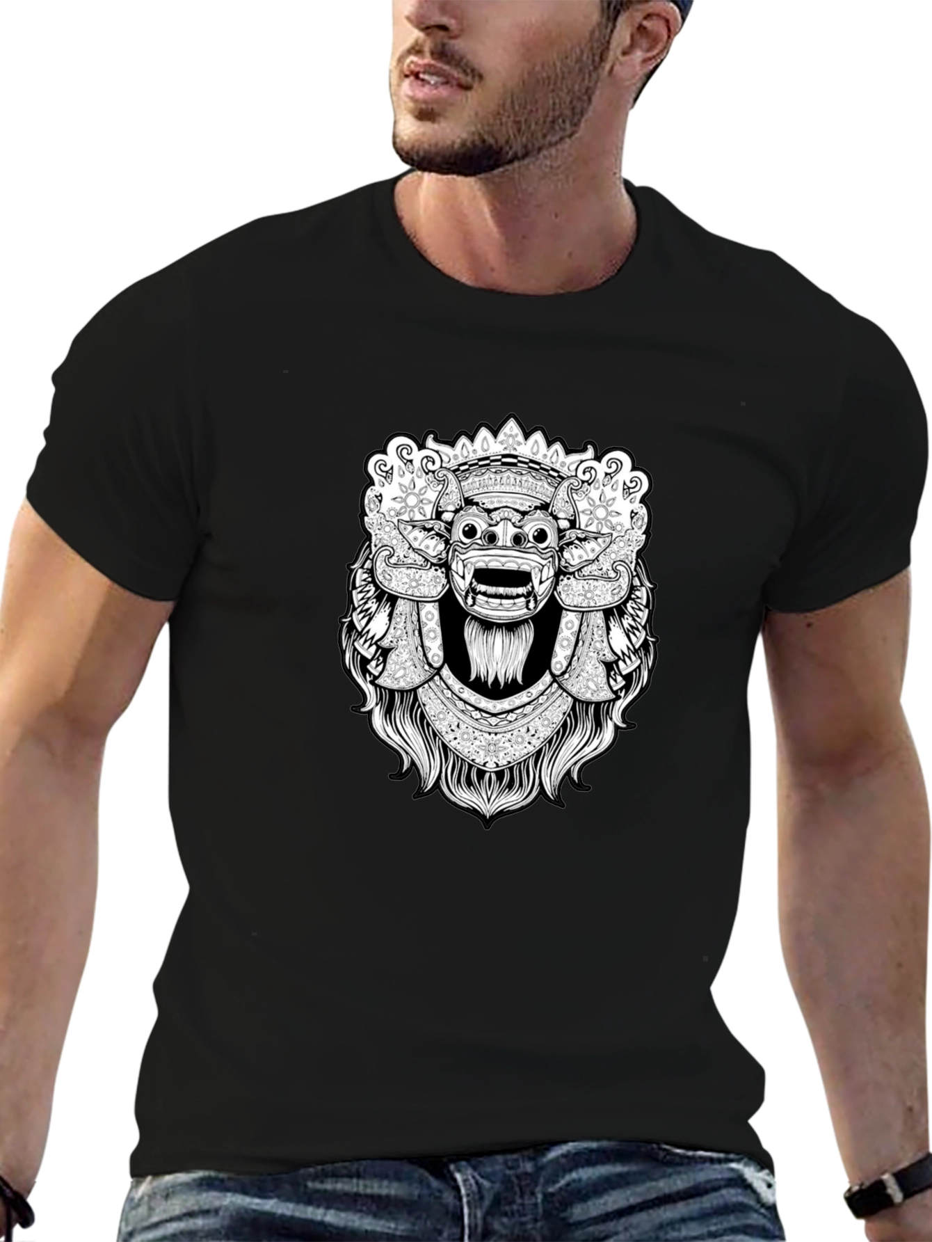 Black Graphic Tee - Balinese Barong Mask Design