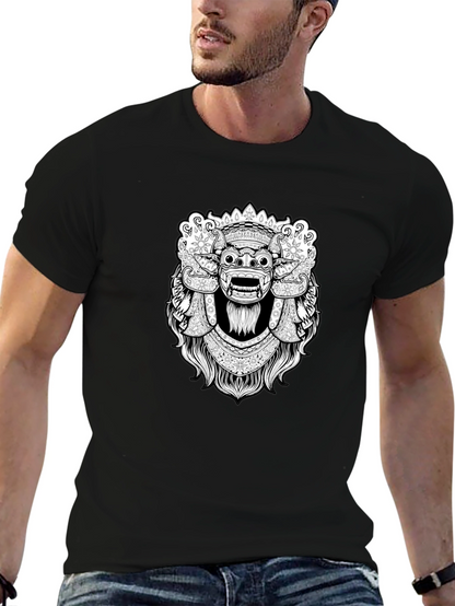 Black Graphic Tee - Balinese Barong Mask Design