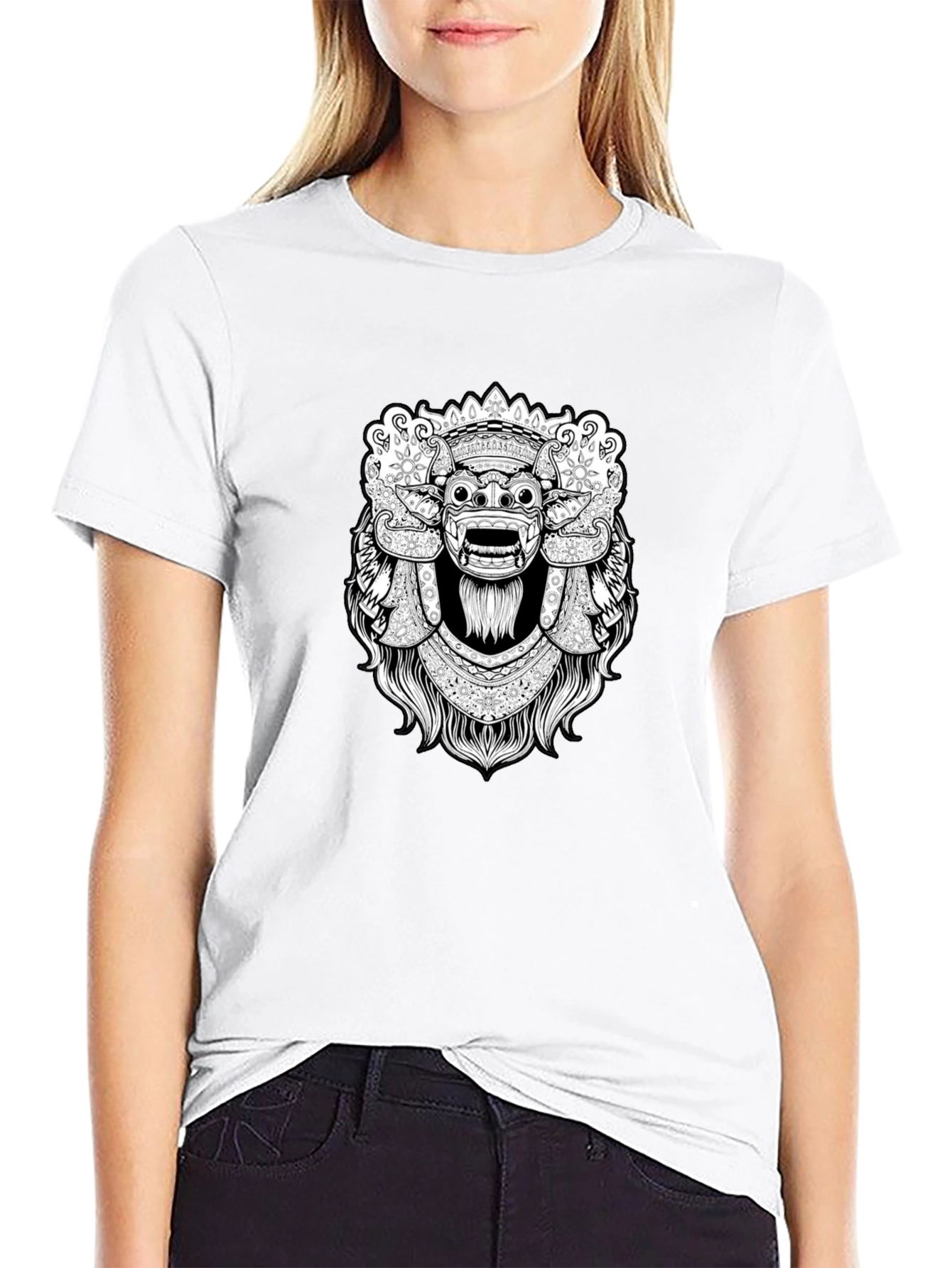 Black Graphic Tee - Balinese Barong Mask Design