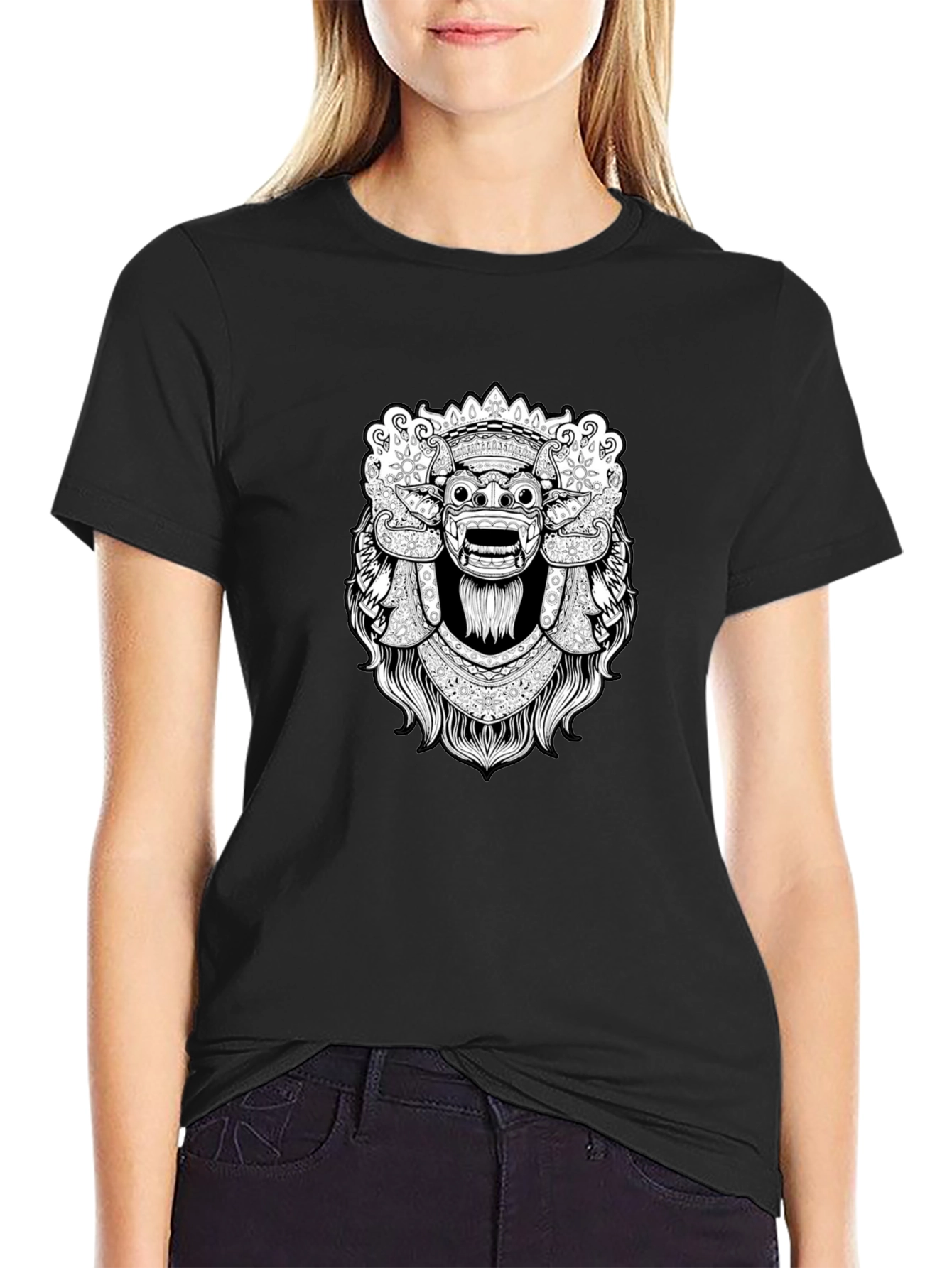 Black Graphic Tee - Balinese Barong Mask Design