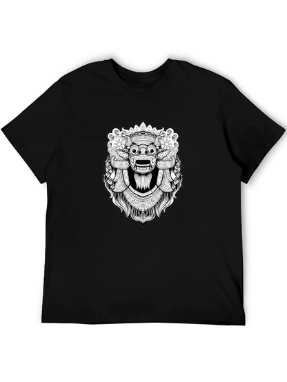 Black Graphic Tee - Balinese Barong Mask Design