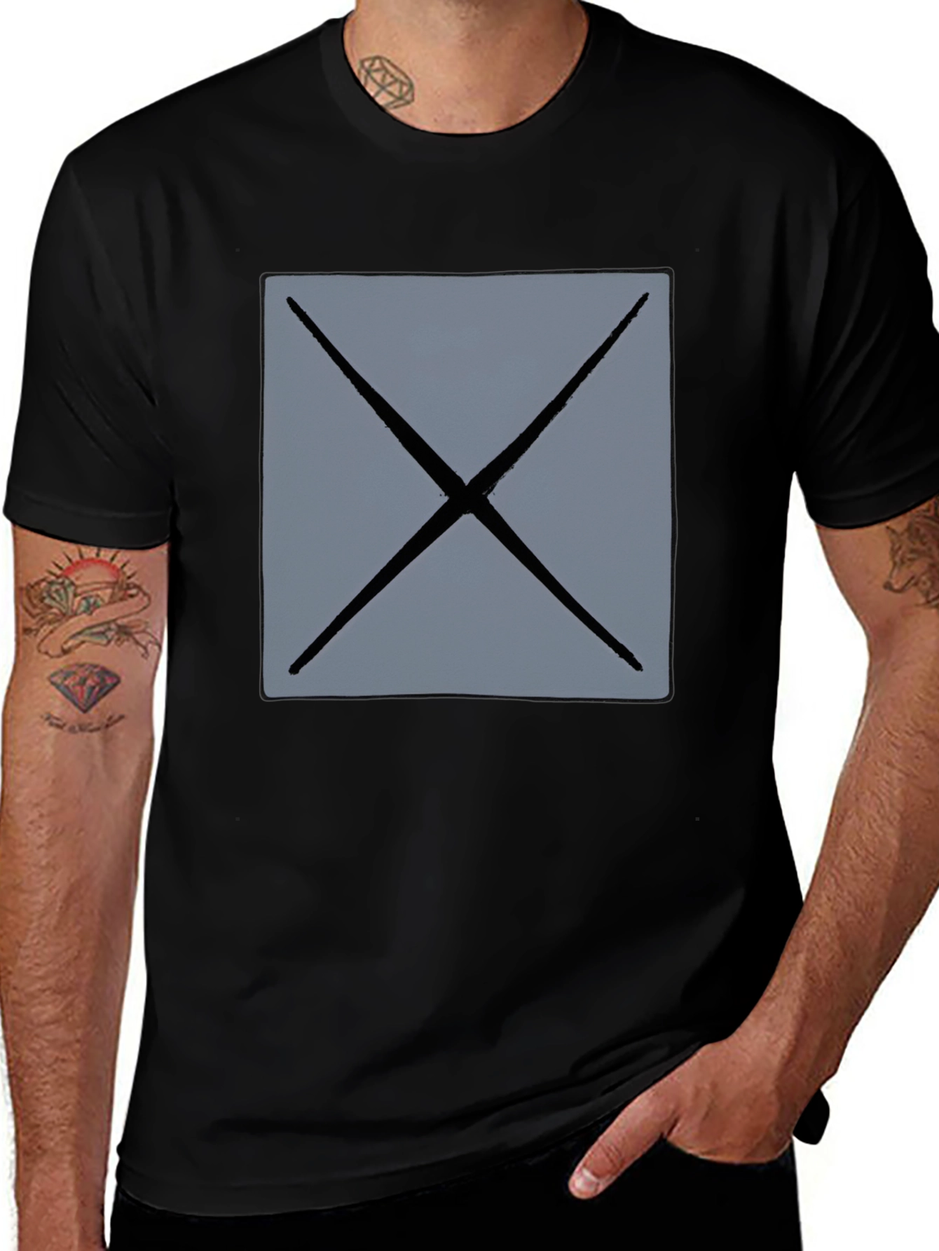 Mens Black T-Shirt with Geometric Gray X Design