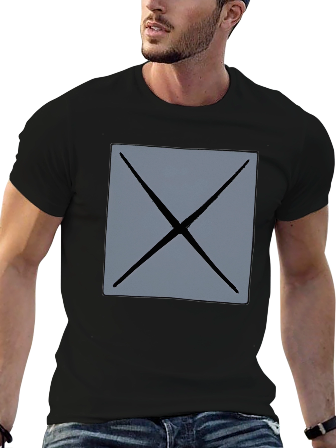Mens Black T-Shirt with Geometric Gray X Design