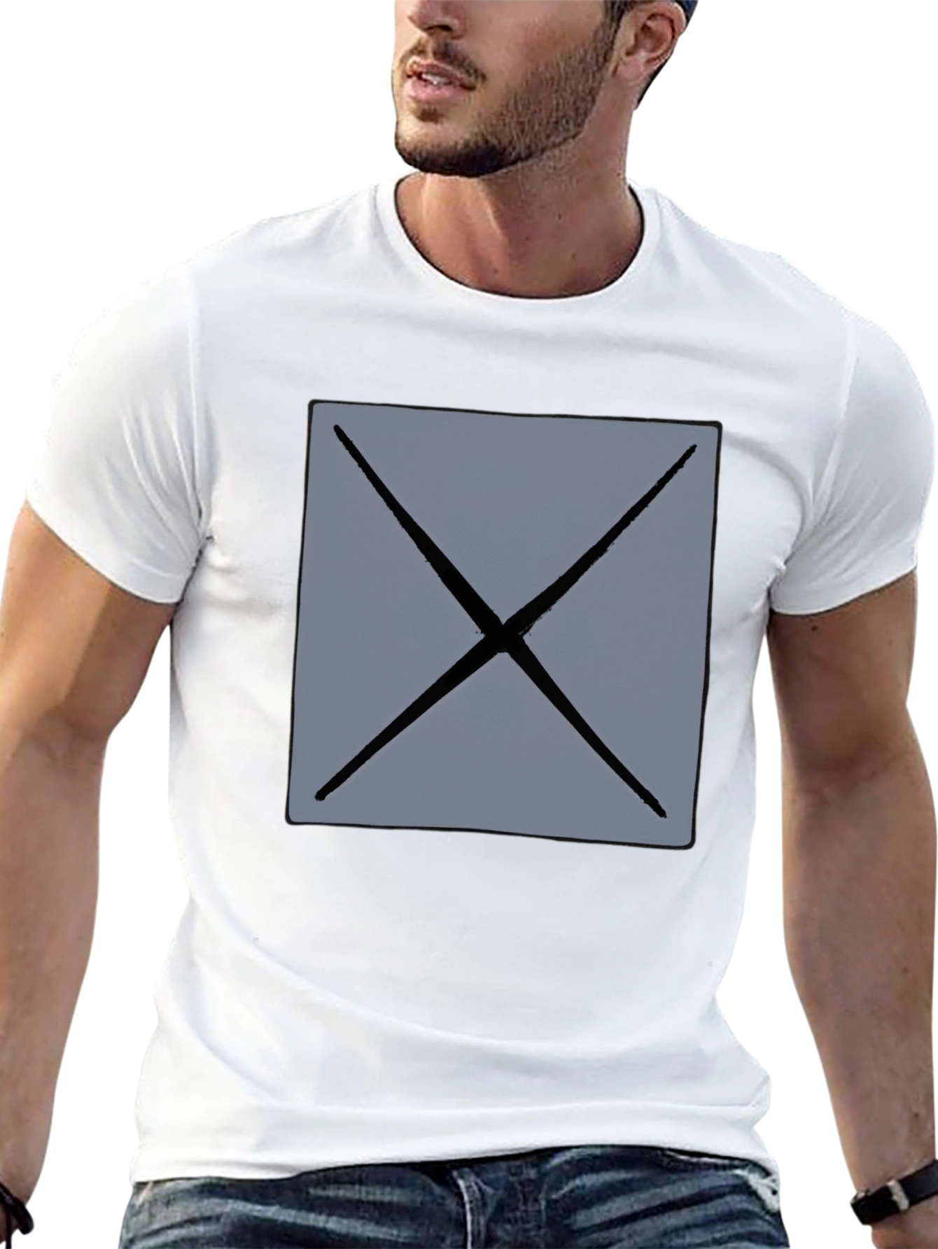 Mens Black T-Shirt with Geometric Gray X Design