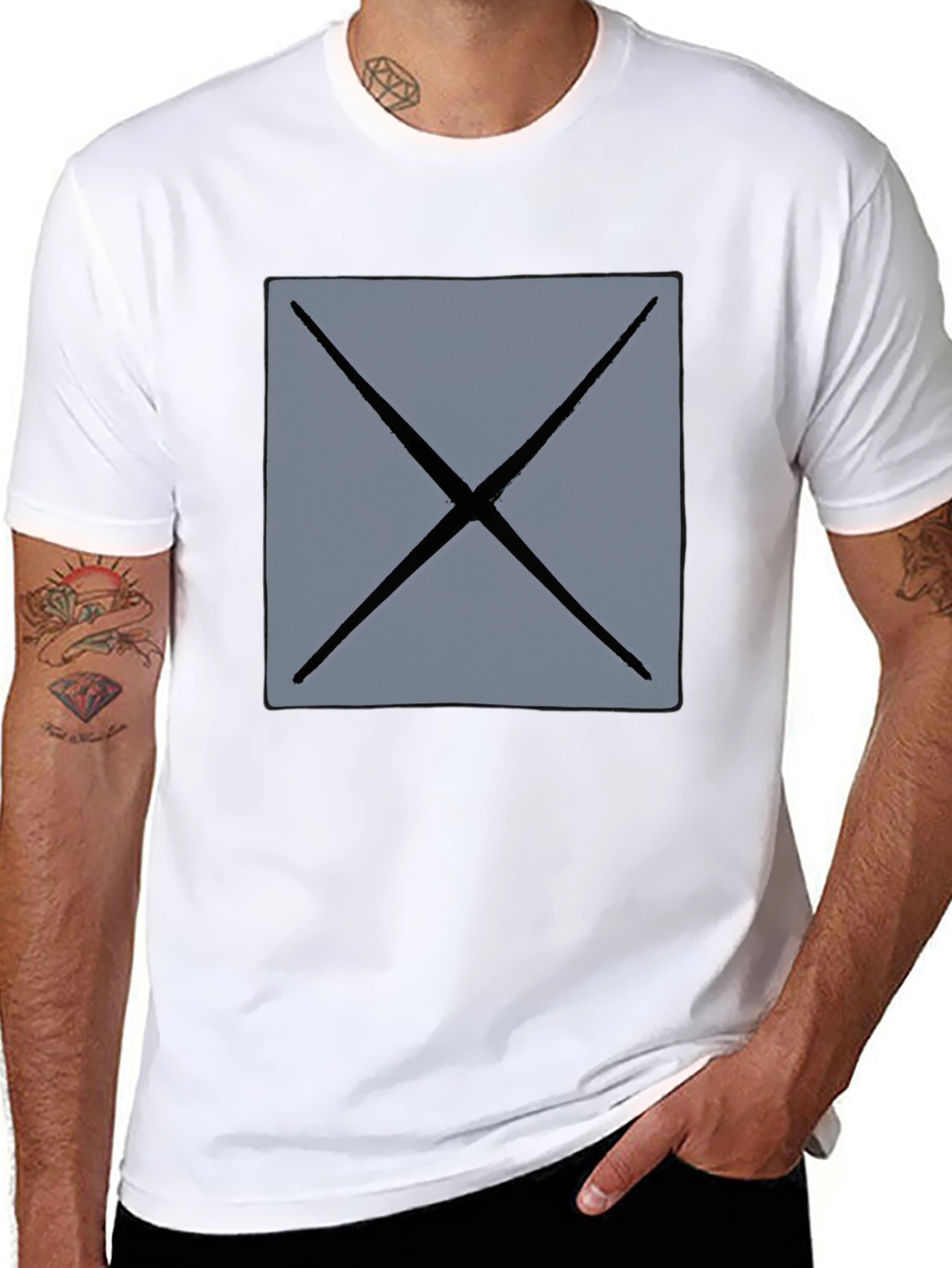 Mens Black T-Shirt with Geometric Gray X Design