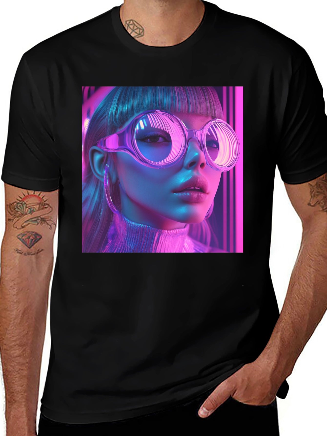 Neon Cyberpunk Girl Graphic Tee - Stylish Black T-Shirt