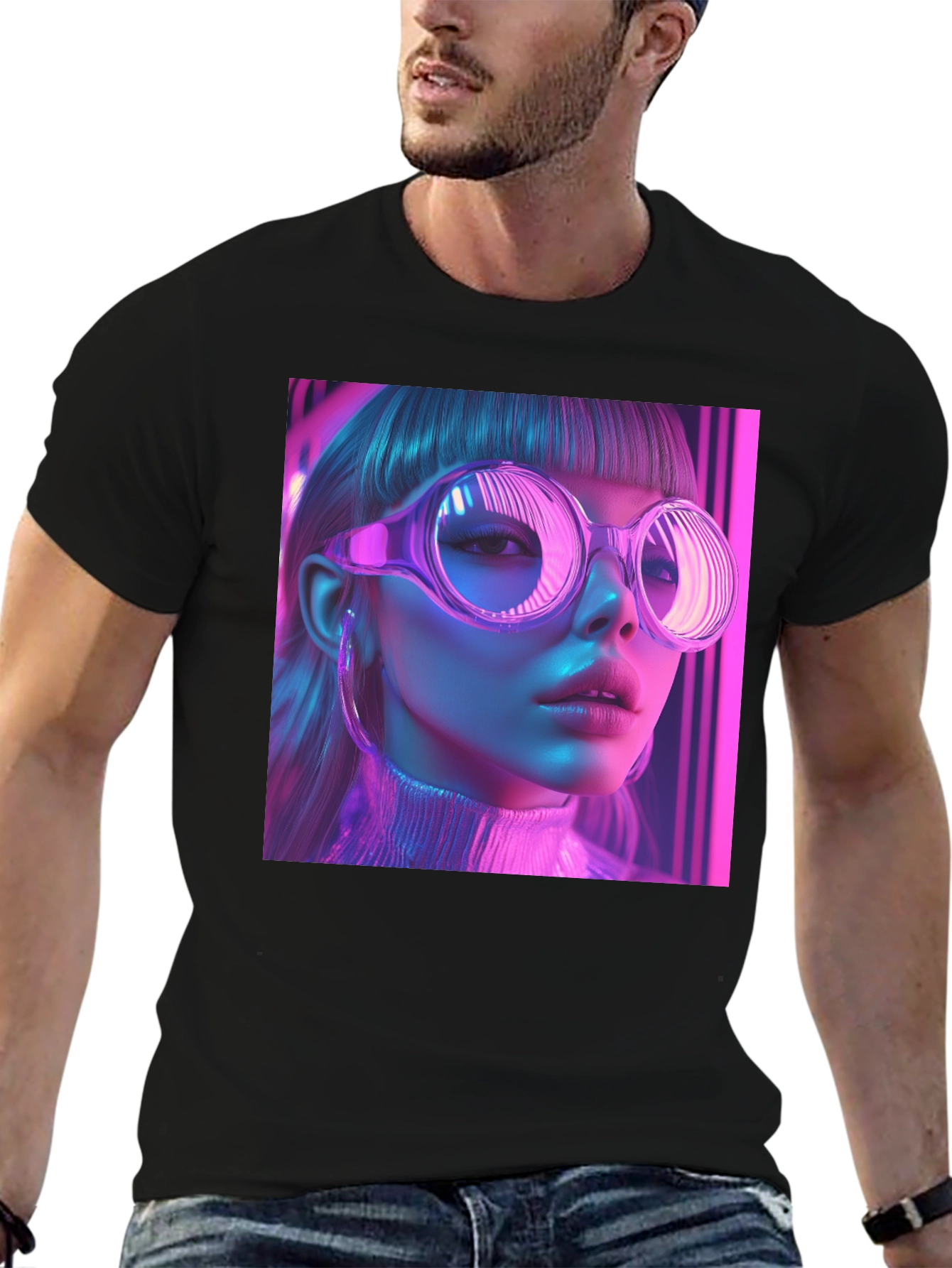 Neon Cyberpunk Girl Graphic Tee - Stylish Black T-Shirt