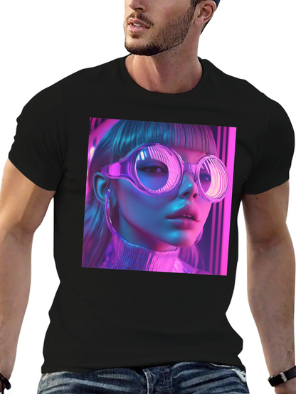 Neon Cyberpunk Girl Graphic Tee - Stylish Black T-Shirt
