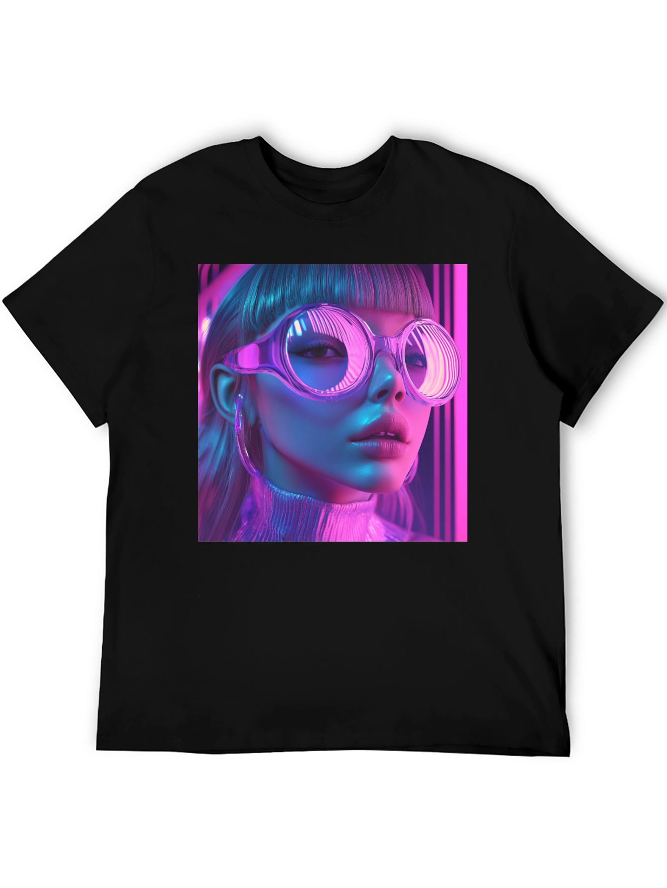 Neon Cyberpunk Girl Graphic Tee - Stylish Black T-Shirt