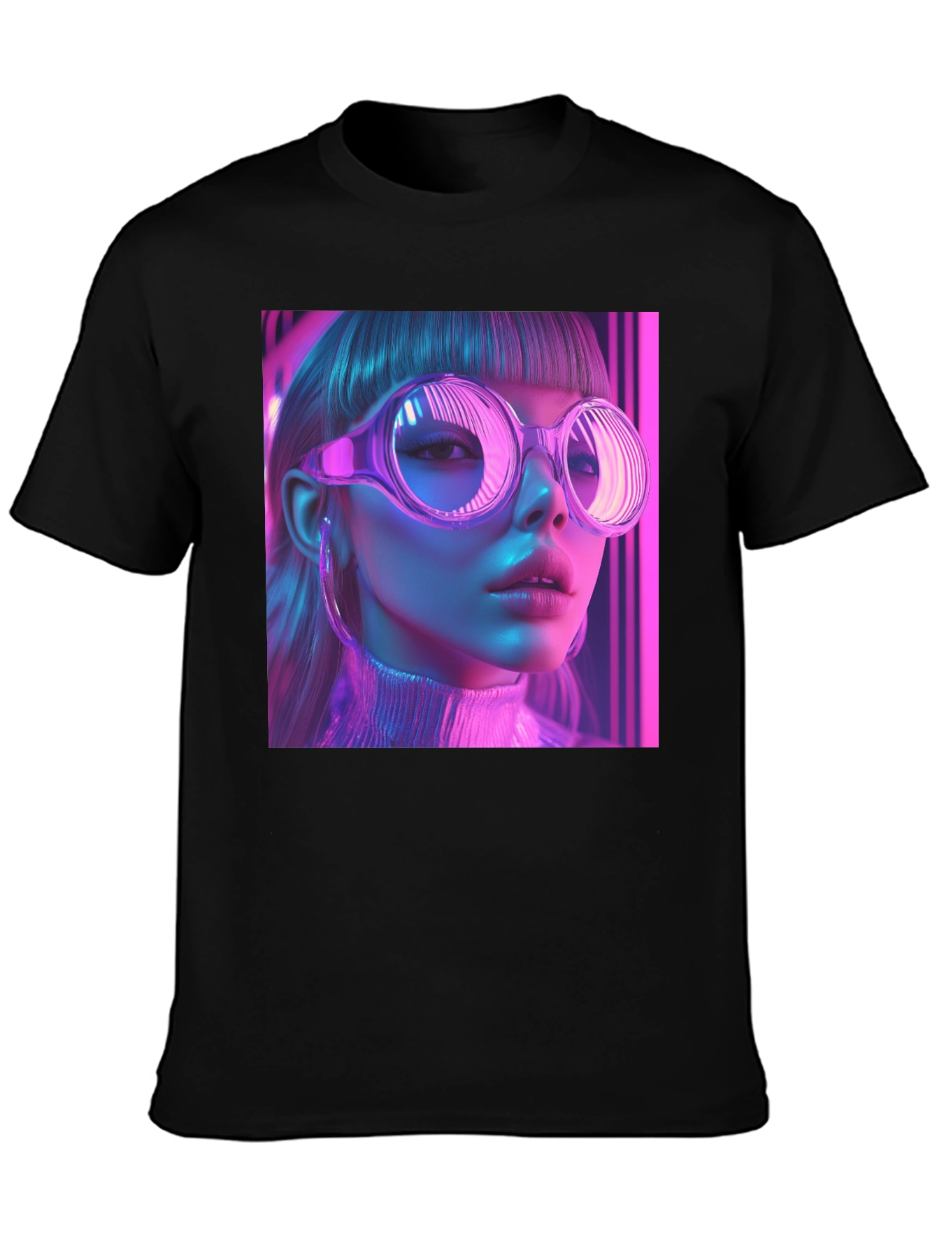 Neon Cyberpunk Girl Graphic Tee - Stylish Black T-Shirt