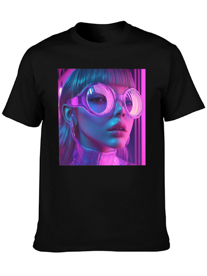 Neon Cyberpunk Girl Graphic Tee - Stylish Black T-Shirt
