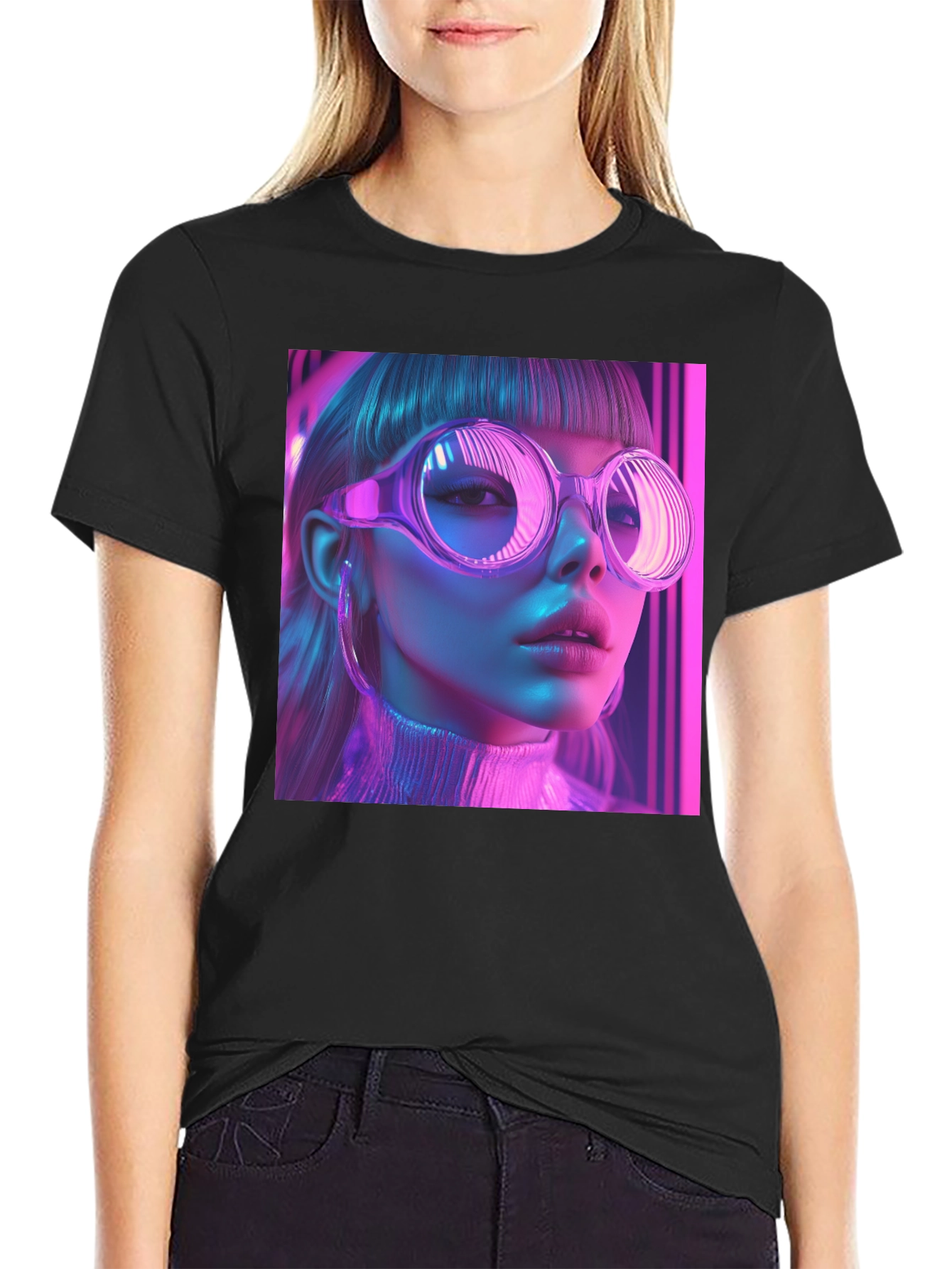 Neon Cyberpunk Girl Graphic Tee - Stylish Black T-Shirt