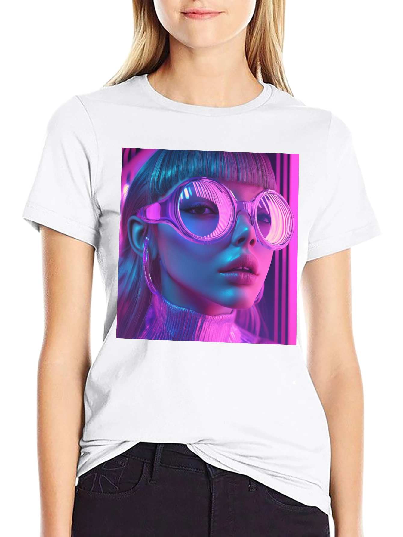 Neon Cyberpunk Girl Graphic Tee - Stylish Black T-Shirt