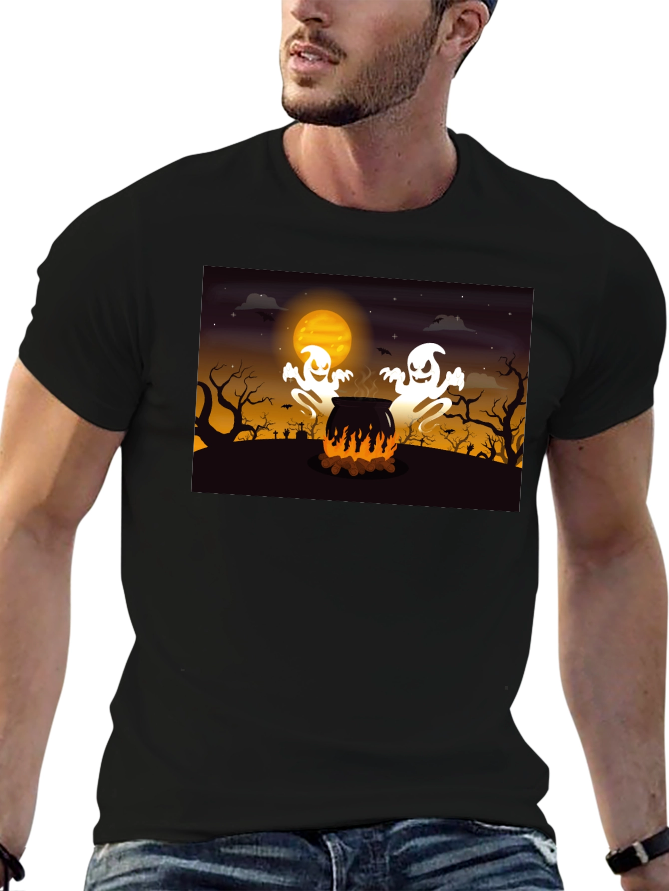 Halloween Ghost Cauldron Black T-Shirt