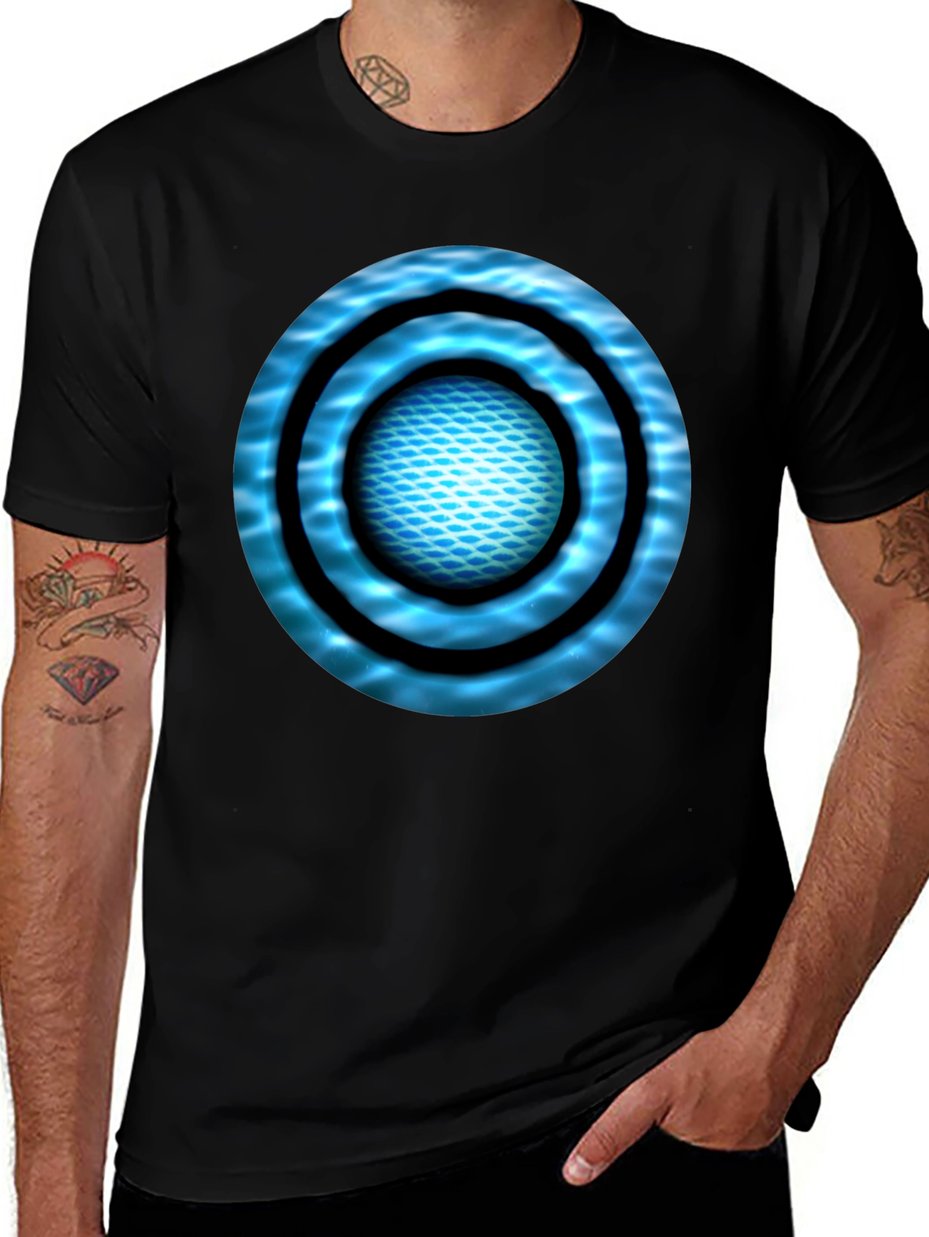 Abstract Blue Circle Design Black T-Shirt