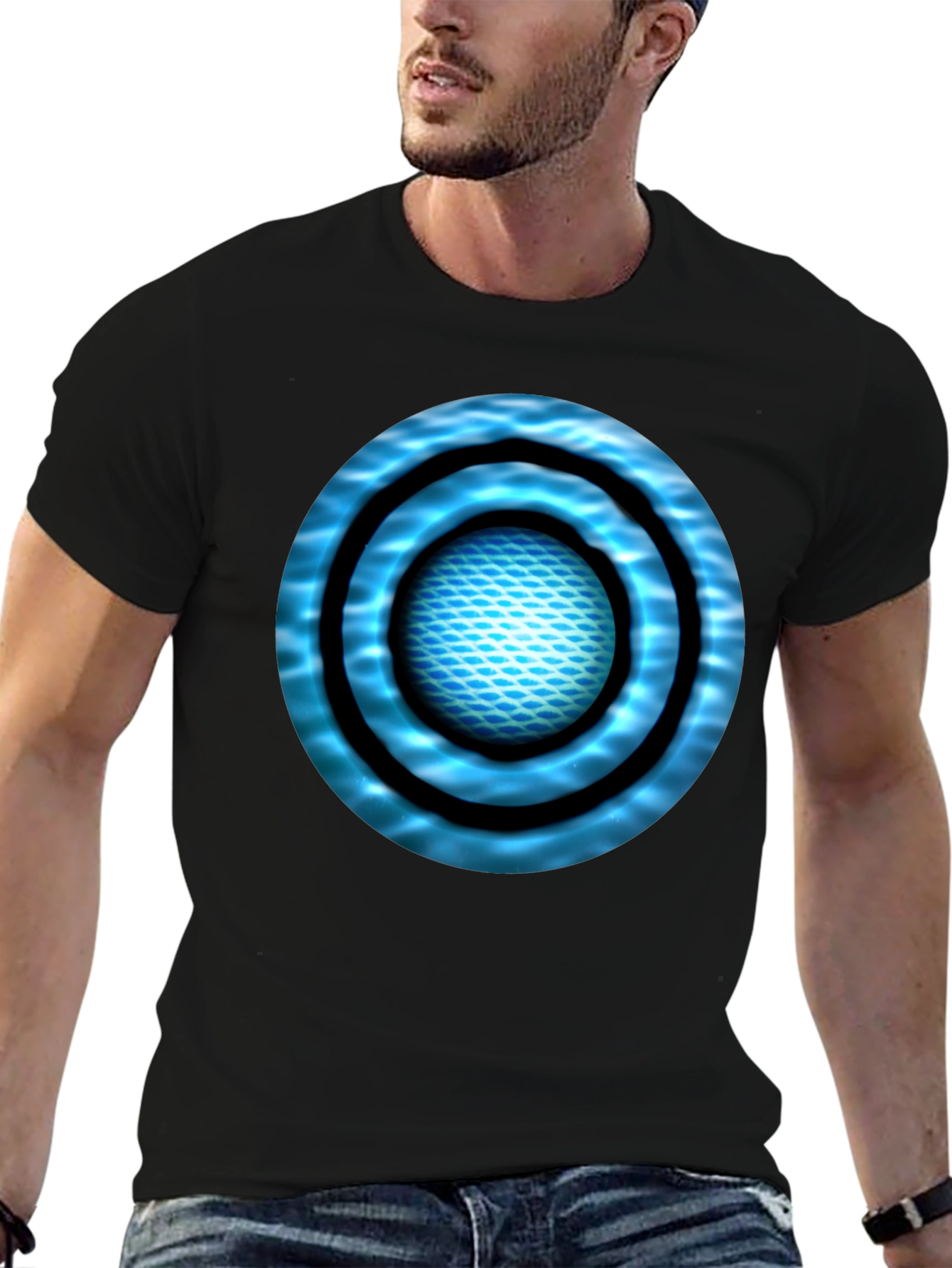 Abstract Blue Circle Design Black T-Shirt