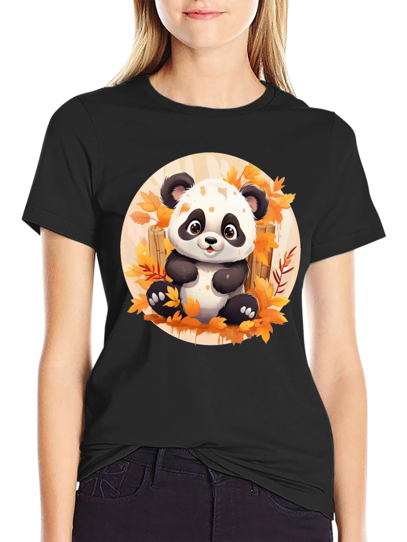 Cute Panda T-Shirt - Autumn Leaves Design