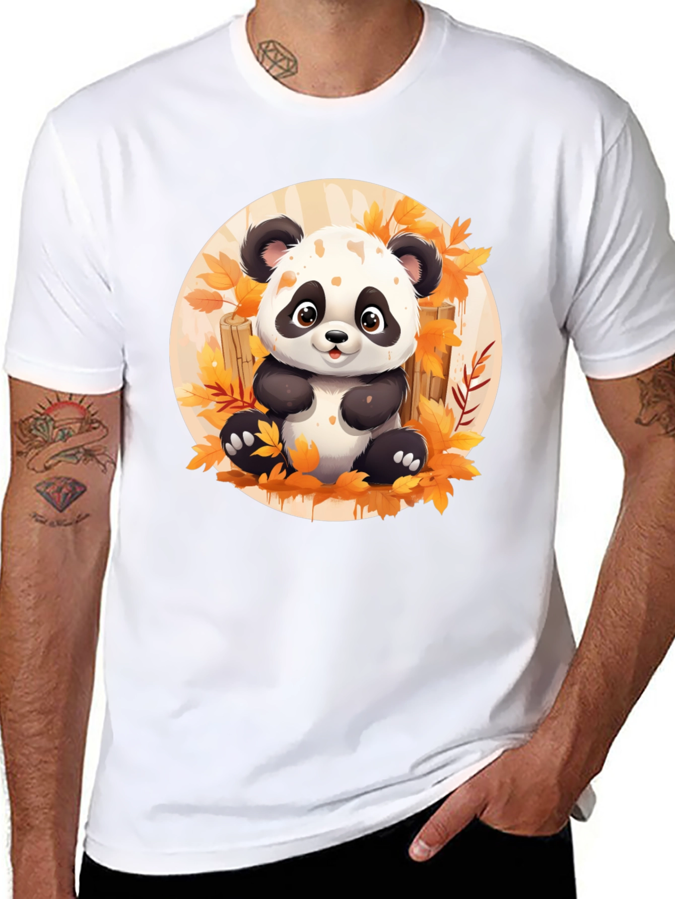 Cute Panda T-Shirt - Autumn Leaves Design